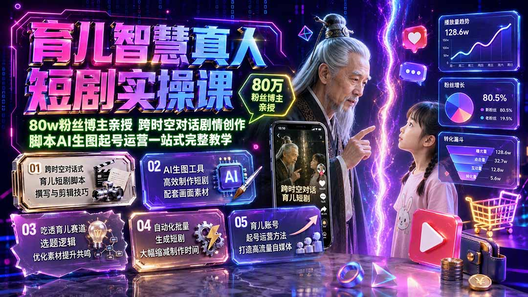(19663期)育儿智慧真人短剧实操课|80w粉丝博主亲授,跨时空对话剧情创作,脚本AI生图起号运营一站式完整教学-齐力副业