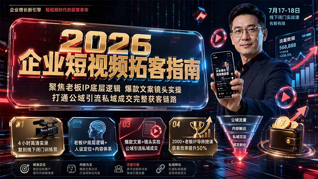 (19667期)2026企业短视频拓客指南:聚焦老板IP底层逻辑,爆款文案镜头实操,打通公域引流私域成交完整获客链路插图1 (19667期)2026企业短视频拓客指南:聚焦老板IP底层逻辑,爆款文案镜头实操,打通公域引流私域成交完整获客链路插图1