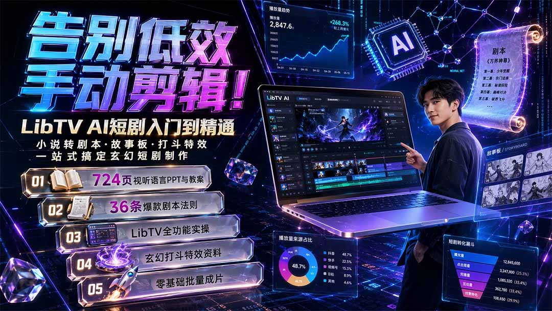 (19678期)告别低效手动剪辑!LibTV AI短剧入门到精通,小说转剧本方法,故事板打斗特效一站式搞定玄幻短剧制作-齐力副业