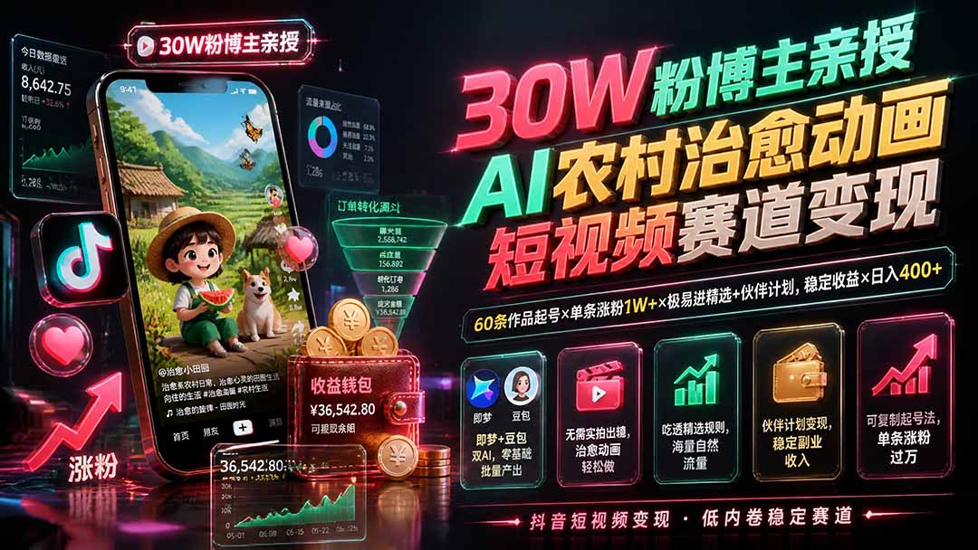 （19648期）30W粉博主亲授AI农村治愈动画短视频赛道变现：60条作品起号×单条涨粉1W+×极易进精选+伙伴计划，稳定收益×日入400+插图1