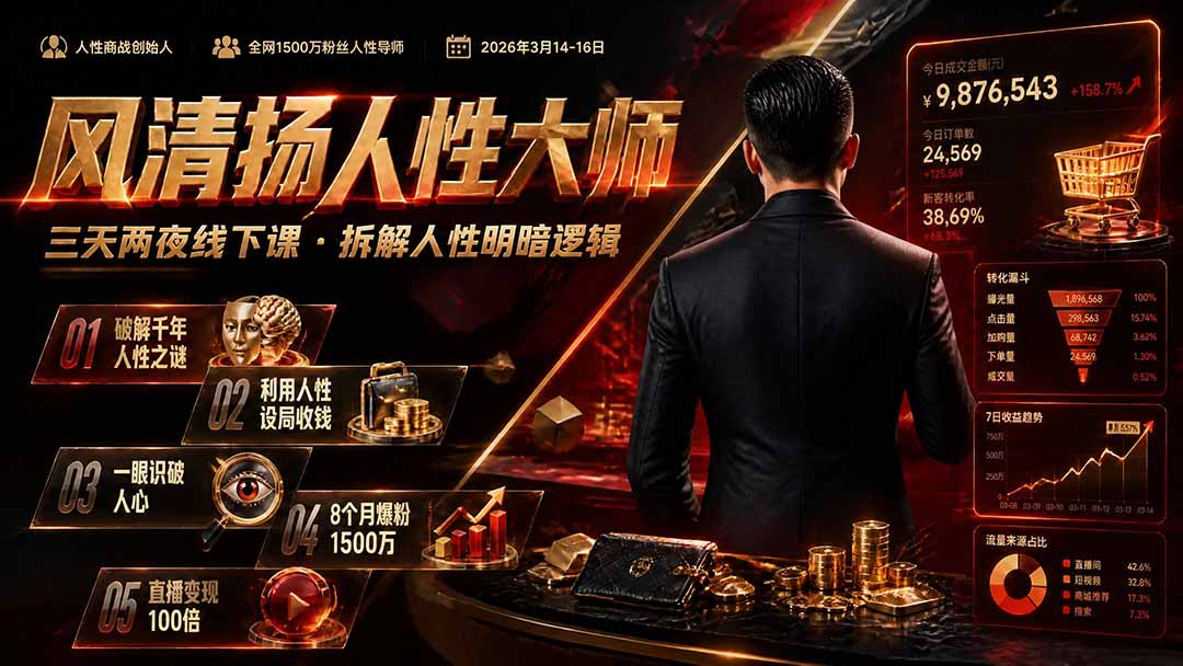(19676期)风清扬人性大师-三天两夜3月14-16线下课2026年|拆解人性明暗逻辑,识人避坑,千万粉涨粉+直播百倍变现实战教学插图1 (19676期)风清扬人性大师-三天两夜3月14-16线下课2026年|拆解人性明暗逻辑,识人避坑,千万粉涨粉+直播百倍变现实战教学插图1